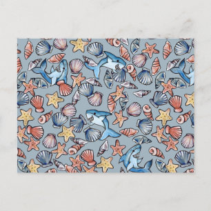 Carte Postale Coquillages et requins Motif de requin