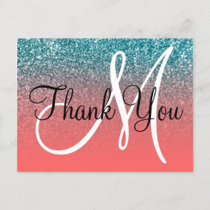 Carte Postale Corail sarcelle ombré paillettes monogramme merci