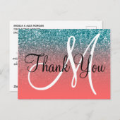 Carte Postale Corail sarcelle ombré paillettes monogramme merci (Devant / Derrière)