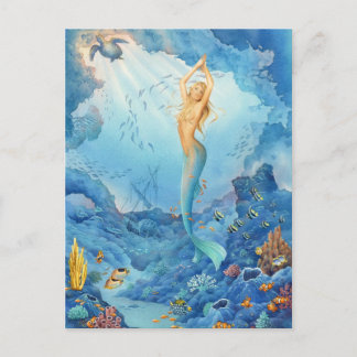 Carte Postale "Corail", Sirène, dauphins, poisson et épave