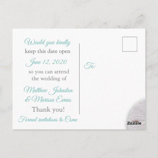 Carte Postale Corail turquoise Personnalisé Enregistrer la date (Dos)