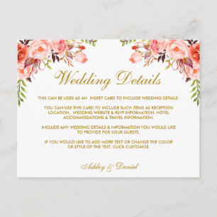 Carte Postale Coral Floral Détails Mariage Gold Insert Card