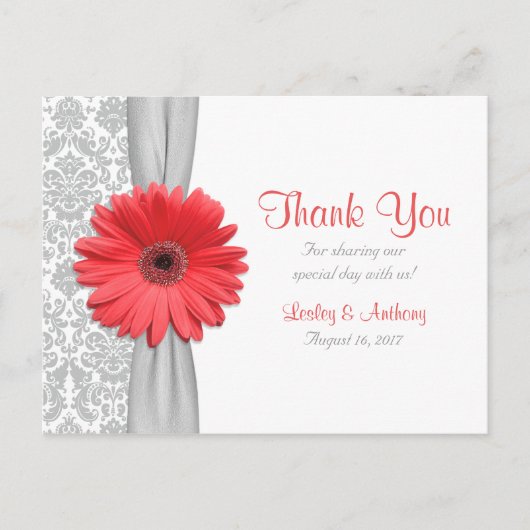 Carte Postale Coral Gerbera Daisy Grey Mariage damassé Merci (Devant)