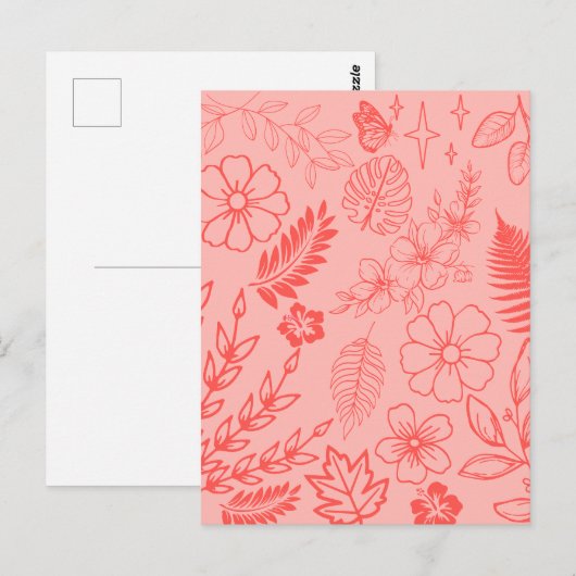 Carte Postale Coral Red Tropical Floral Pattern  (Devant / Derrière)