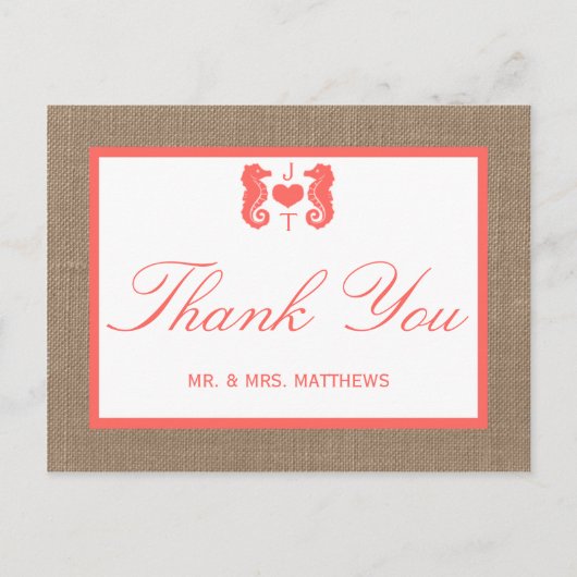 Carte Postale Coral Seahorse Burlap Beach Wedding Collection (Devant)