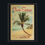Carte Postale Coral Springs Palm Tree Vintage voyage<br><div class="desc">Un imprimé d'art moderne Coral Springs en Floride du milieu du siècle rétro dans un style d'affiche de voyage vintage. Il dispose d'un palmier incurvé sur une plage de sable avec l'océan sous un ciel bleu nuageux.</div>