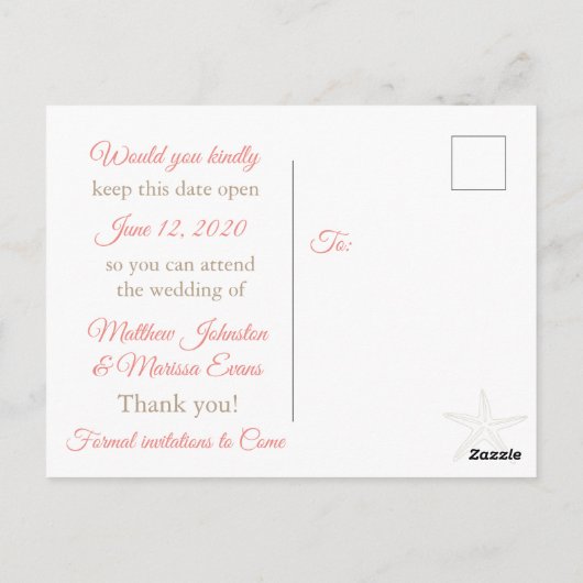 Carte Postale Coral Starfish Personnalisé Enregistrer la date Ca (Dos)