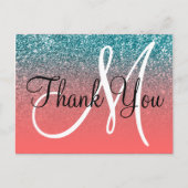 Carte Postale Coral Turquoise Ombre Parties scintillant Monogram (Devant)