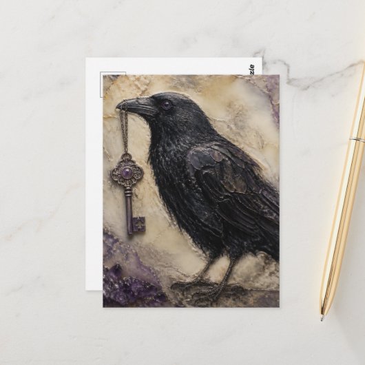 Carte Postale Corbeau avec une clé (Devant/Arrière en situation)