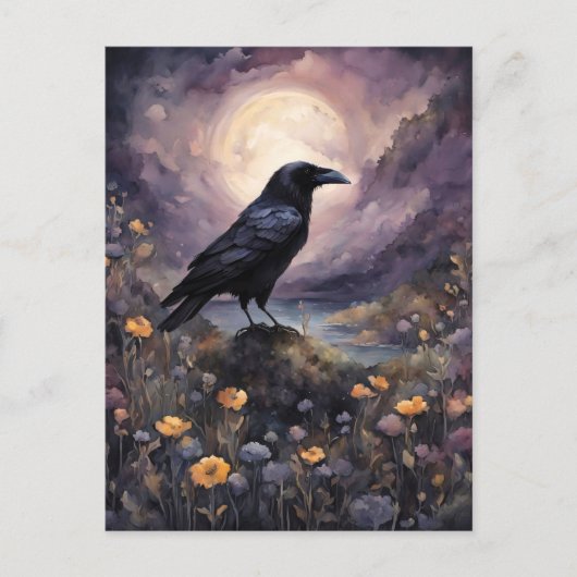 Carte Postale Corbeau dans l'aquarelle lune (Devant)