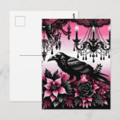 Carte Postale Corbeau de Noël gothique noir et rose et fleurs (Devant / Derrière)