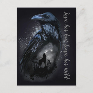 Carte Postale Corbeau et loup qui hurle à la lune