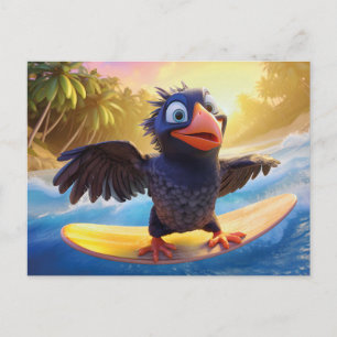 Carte Postale Corbeau faisant du surf dans un paradis tropical a