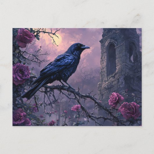 Carte Postale Corbeau gothique Roses pourpres (Devant)