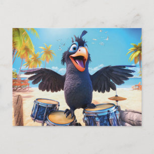 Carte Postale Corbeau jouant de la batterie sur une plage tropic