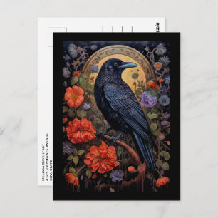 Carte Postale Corbeau noir avec fleurs Design gothique