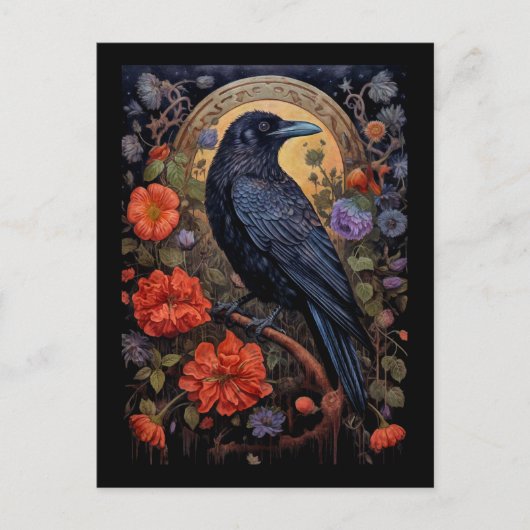 Carte Postale Corbeau noir avec fleurs design gothique (Devant)