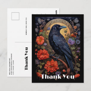 Carte Postale Corbeau noir avec fleurs, dessin gothique, merci