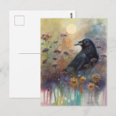 Carte Postale Corbeau peint à la main avec Fleurs sauvages (Devant / Derrière)