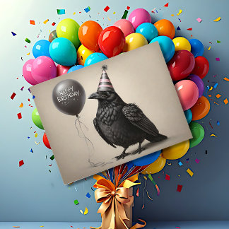 Carte Postale Corbeau regardant un ballon joyeux anniversaire au