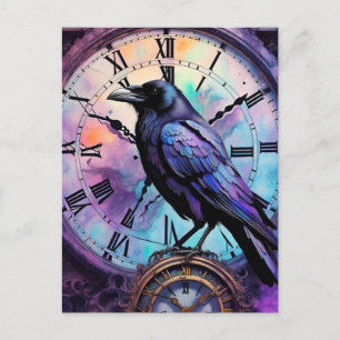 Carte Postale Corbeau sur l'horloge aquarelle