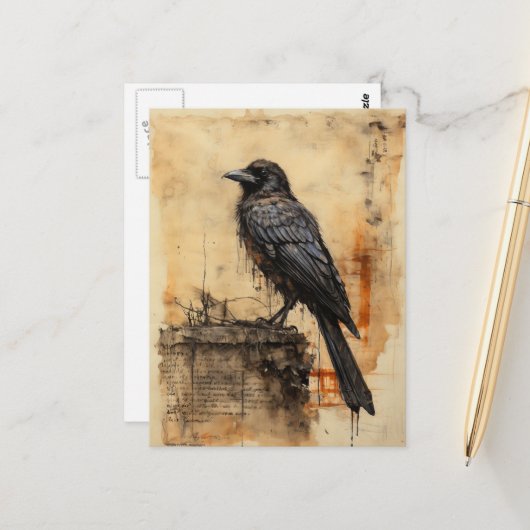 Carte Postale Corbeau Vintage Edgar Allan Poe (Devant/Arrière en situation)