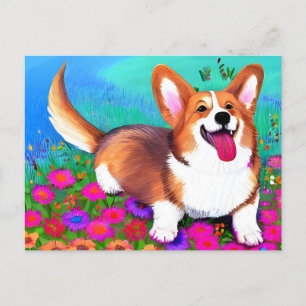 Carte Postale Corgi et fleurs
