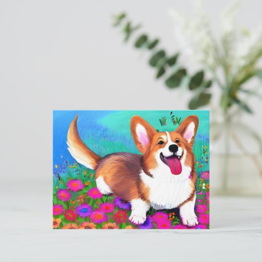 Carte Postale Corgi et fleurs (Debout devant)