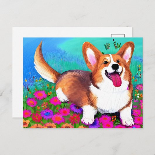 Carte Postale Corgi et fleurs (Devant / Derrière)