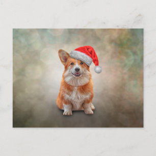 Carte Postale Corgi gallois en casquette rouge du Père Noël