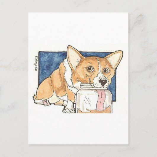 Carte Postale Corgi lécher le pot de beurre d'arachide (Devant)