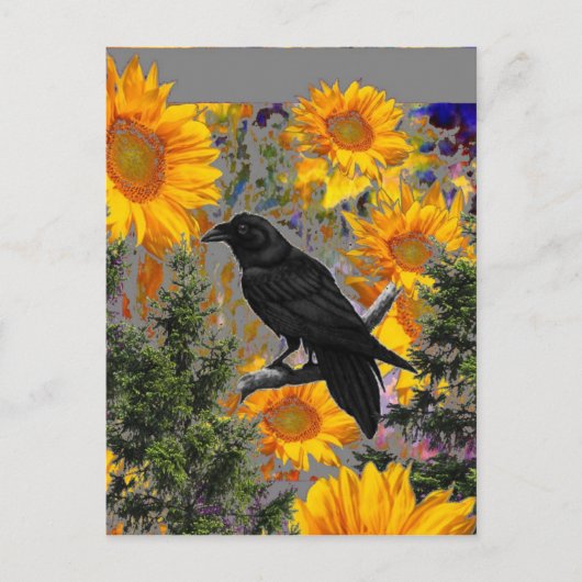 Carte Postale corneille noire & tournesols art (Devant)