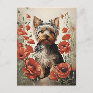 Carte Postale Corte Yorkshire Terrier Botanique Poppies rouges