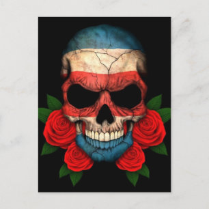 Carte Postale Costa Rica Drapeau crâne avec des roses rouges
