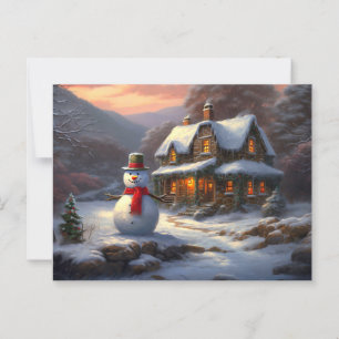 Carte Postale Cosy Christmas Cottage & Snowman   hiver vintage