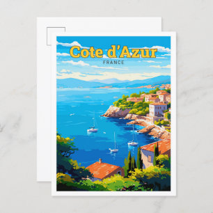 Carte Postale Côte d'Azur France Art Voyage Illustration Vintage