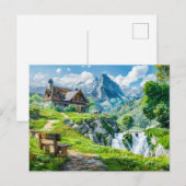 Carte Postale Cottage alpin par cascade de montagne (Devant / Derrière)