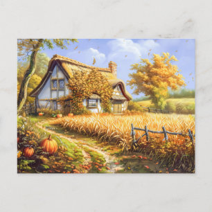 Carte Postale Cottage d'automne par champ de blé et Citrouilles