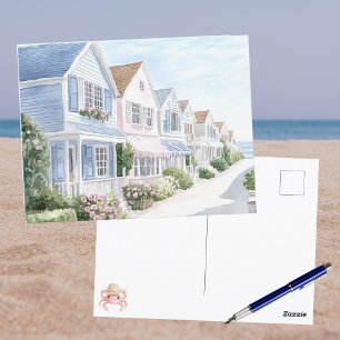 Carte Postale Cottage de bord de mer pastel d'été à l'aquarelle