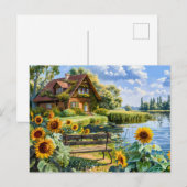 Carte Postale Cottage Lakeside avec terrain de tournesol (Devant / Derrière)