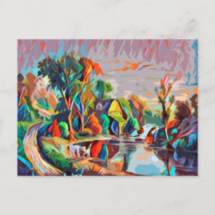 Carte Postale Cottage Vaches Pond Paysage Art coloré Abstrait