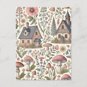 Carte Postale Cottagecore Champignons et motifs floraux