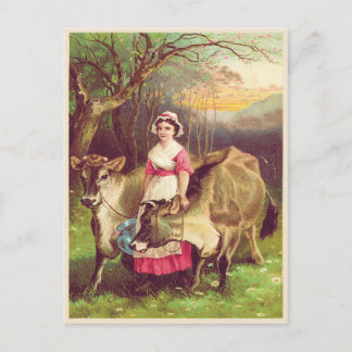 Carte Postale Cottagecore Farmer Femme avec vaches Aquarelle
