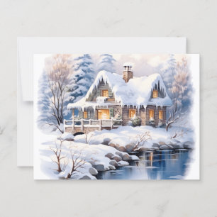 Carte Postale Cottagecore Noël hiver Cottage Aquarelle