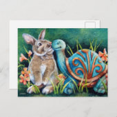 Carte Postale Cottontail Rabbit & Turtle Statue Aquarelle Art (Devant / Derrière)