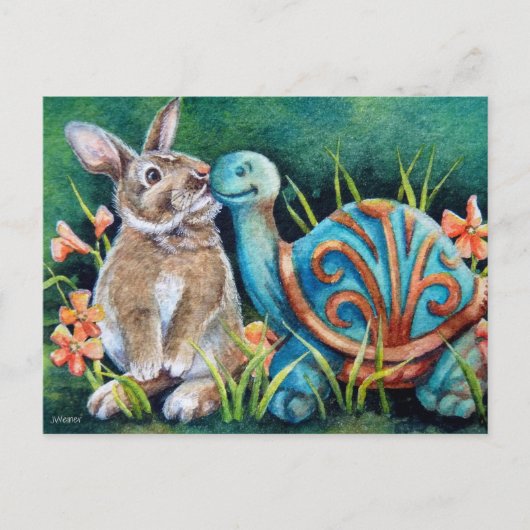 Carte Postale Cottontail Rabbit & Turtle Statue Aquarelle Art (Devant)