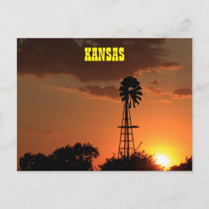 Carte Postale Coucher de soleil avec éolienne au Kansas