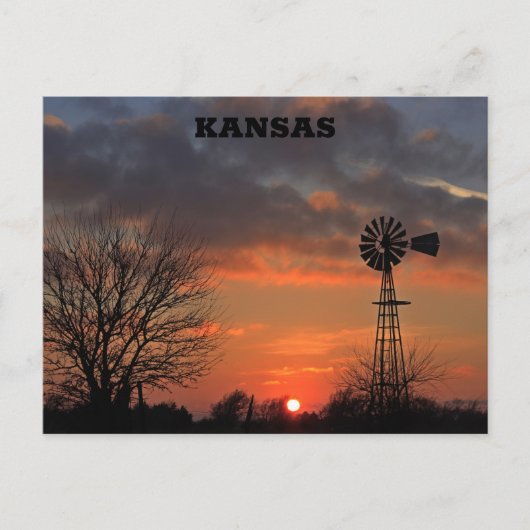 Carte Postale Coucher de soleil de Kansas avec arbre et moulin à (Devant)