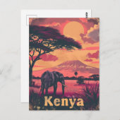 Carte Postale Coucher de soleil des éléphants du Kenya (Devant / Derrière)