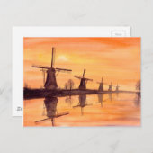 Carte Postale Coucher de soleil des moulins à vent - Peinture aq (Devant / Derrière)